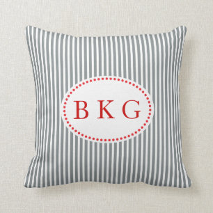 Nautical Stripes Custom Monogram Grey Red White Throw Pillow