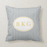 Nautical Stripes Custom Monogram | Grey Yellow Throw Pillow<br><div class="desc">Simple, elegant, modern, and trendy narrow vertical striped Nautical pattern or design for square Throw and Lumbar size Pillows or Cushions. Grey (or grey) and white striped background on the front with a Yellow background on the back and Yellow and white accent circle with custom initials or Monogram in a...</div>
