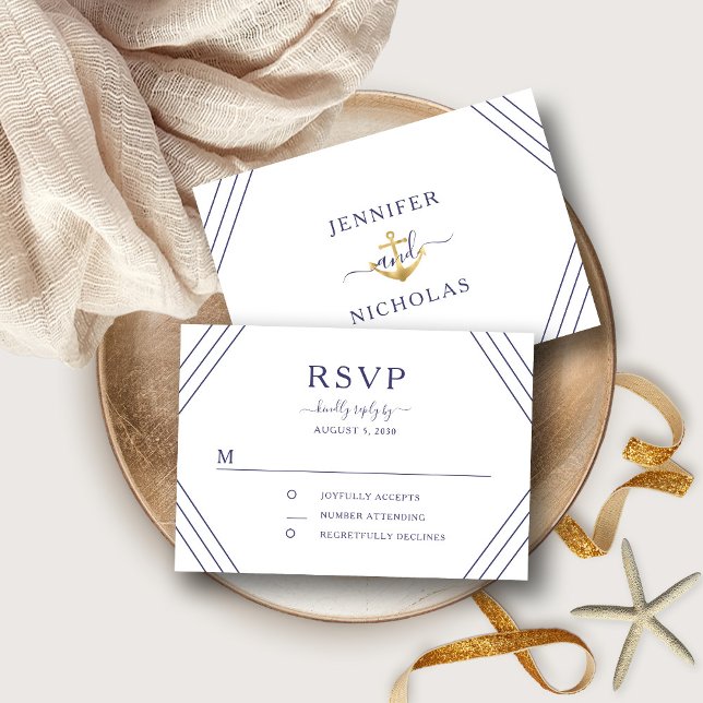 Nautical Stripes Gold Anchor Wedding RSVP (Front/Back Nautical Stripes Gold Anchor Wedding RSVP)