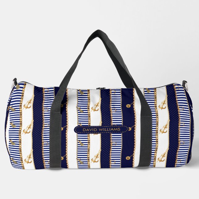 Nautical Stripes Gold Chains Anchor Luxury Travel Duffle Bag (Front)