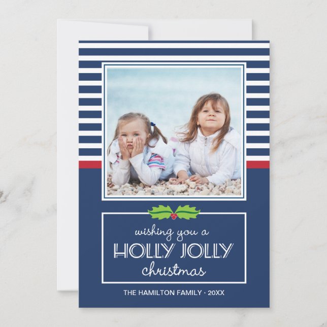 Nautical Stripes Holly Jolly Christmas Flat Card (Front)