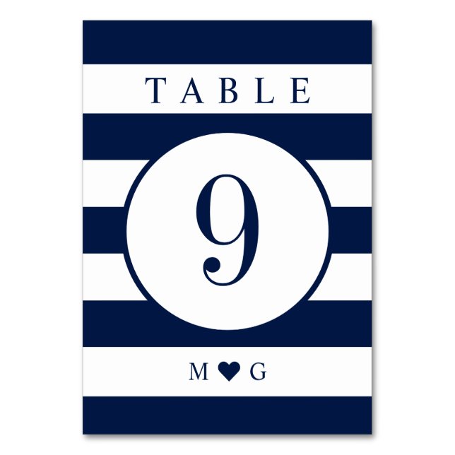Nautical Stripes Monogrammed Wedding Table Number (Front)