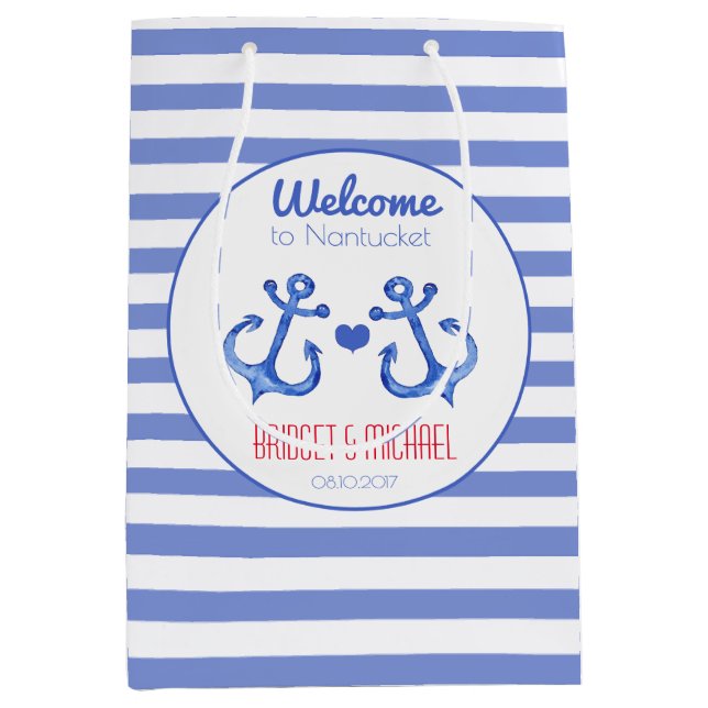 Nautical stripes & Navy Anchor Wedding Welcome Bag (Front)