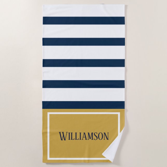 Nautical Stripes Navy and Gold Custom Name Beach Towel (Front)