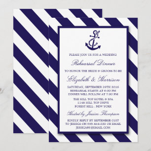 Nautical Stripes Navy Blue Anchor Rehearsal Dinner Invitation