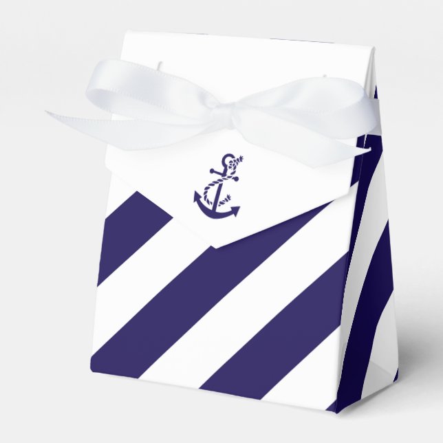 Nautical Stripes & Navy Blue Anchor Wedding Favor Box (Front Side)