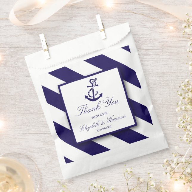 Nautical Stripes & Navy Blue Anchor Wedding Favour Bag (Clipped)