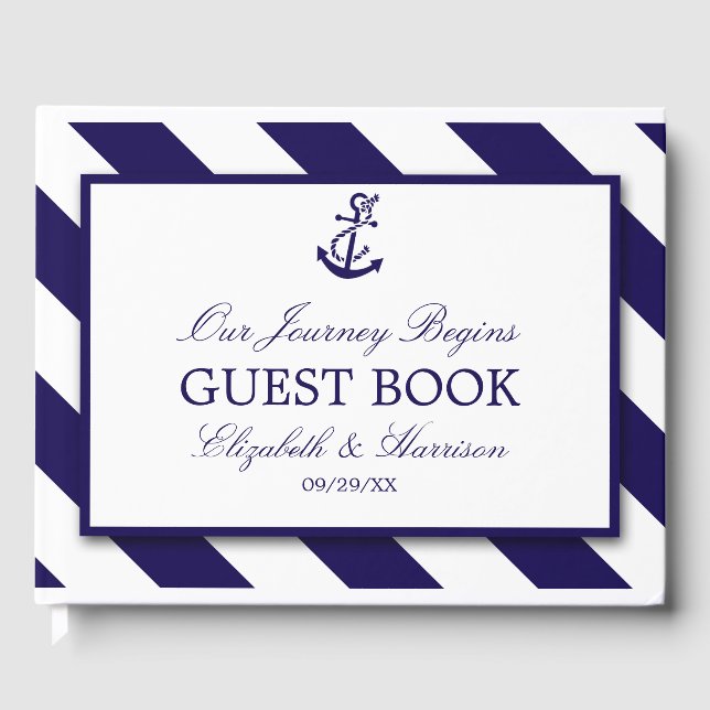 Nautical Stripes & Navy Blue Anchor Wedding Guest Book (Front)