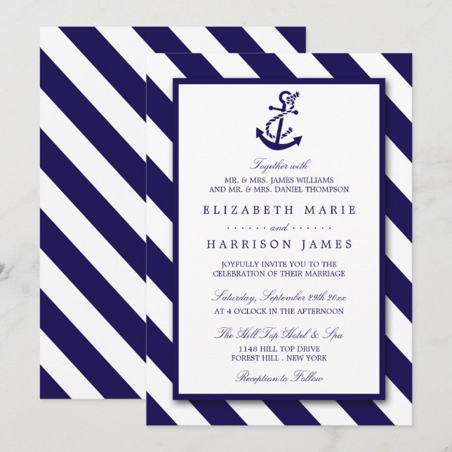Nautical Stripes & Navy Blue Anchor Wedding Invitation (Front/Back)