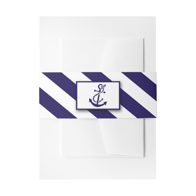 Nautical Stripes & Navy Blue Anchor Wedding Invitation Belly Band (Front Example)
