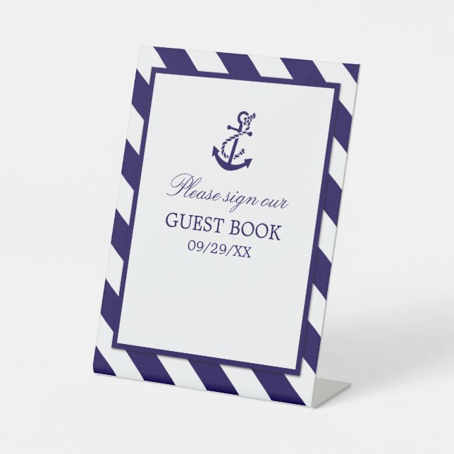 Nautical Stripes & Navy Blue Anchor Wedding Pedestal Sign (Front)