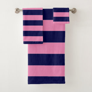Nautical Stripes Navy Blue and Light Pink Bath Towel Set