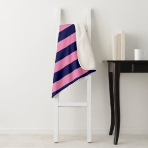 Nautical Stripes Navy Blue and Light Pink Sherpa Blanket