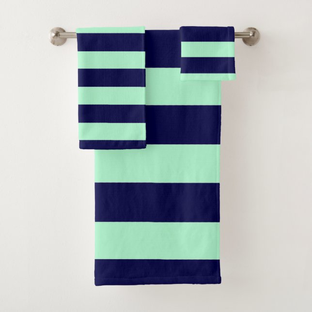 Nautical Stripes Navy Blue and Mint Green Bath Towel Set (Insitu)