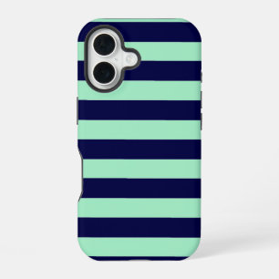 Nautical Stripes Navy Blue and Mint Green iPhone 16 Case