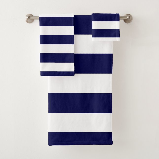 Nautical Stripes Navy Blue and White  Bath Towel Set (Insitu)