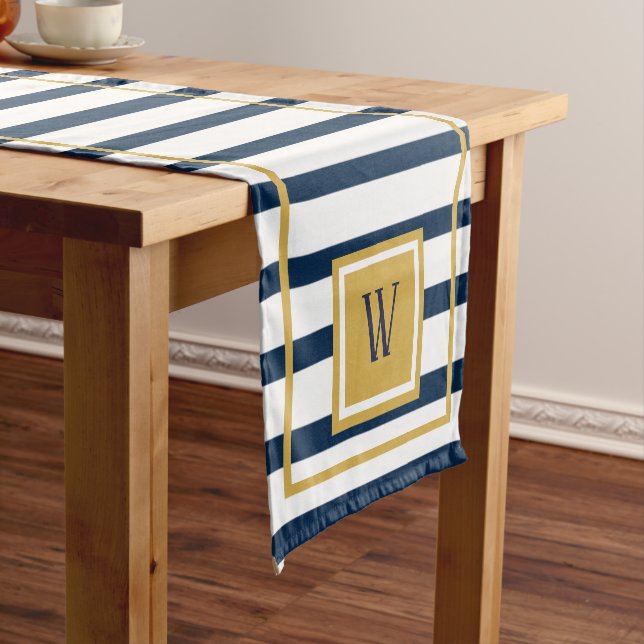 Nautical Stripes Navy Blue Monogram Initial Short Table Runner (In Situ)