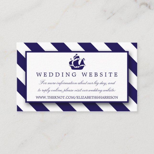 Nautical Stripes & Navy Blue Ship Wedding Enclosure Card (Front)