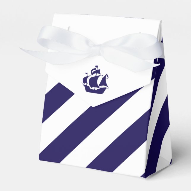 Nautical Stripes & Navy Blue Ship Wedding Favor Box (Front Side)