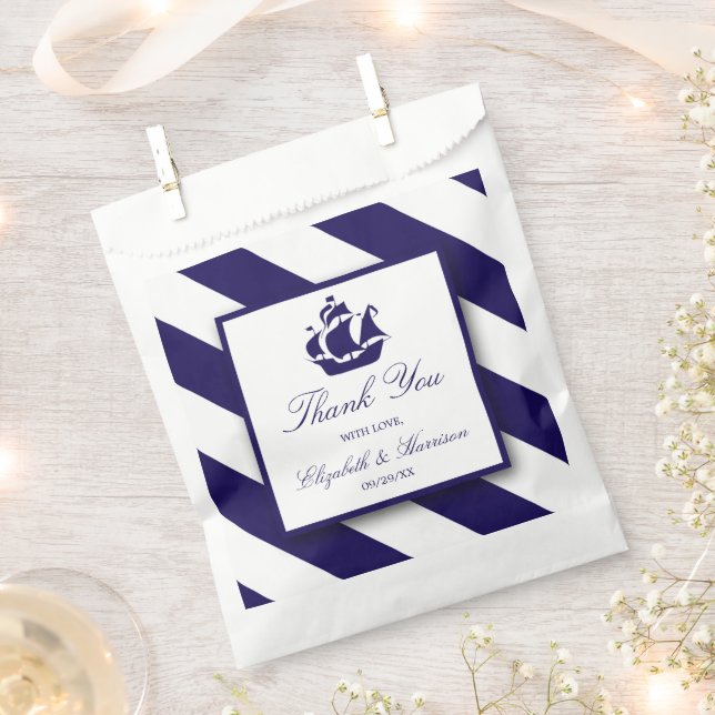 Nautical Stripes & Navy Blue Ship Wedding Favour Bag (Clipped)