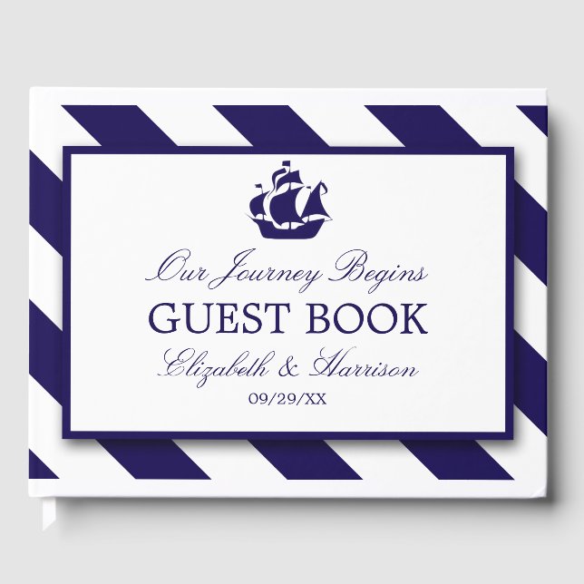 Nautical Stripes & Navy Blue Ship Wedding Guest Book (Front)