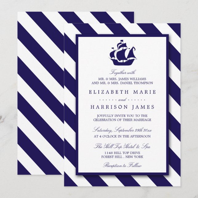Nautical Stripes & Navy Blue Ship Wedding Invitation (Front/Back)