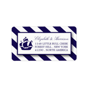 Nautical Stripes & Navy Blue Ship Wedding Label