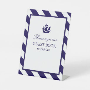 Nautical Stripes & Navy Blue Ship Wedding Pedestal Sign