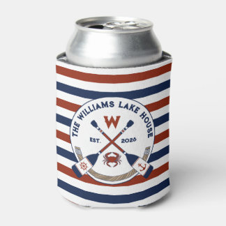Nautical Stripes Oars Crab Monogram Lake House Can Cooler