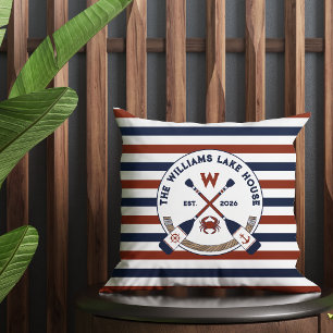 Nautical Stripes Oars Crab Monogram Lake House Outdoor Pillow