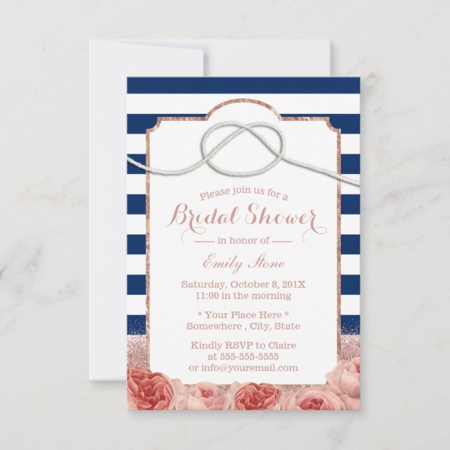 Nautical Stripes Rose Gold Floral Bridal Shower Invitation (Front)