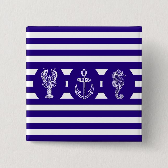 Nautical Stripes & Sea Creatures 2 Inch Square Button (Front)