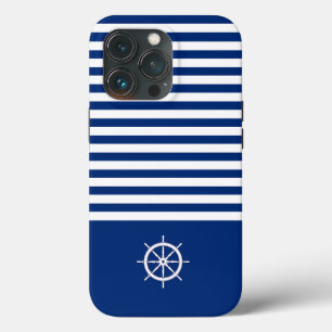 Nautical Stripes+Ships Wheel Blue+White iPhone 13 Pro Case
