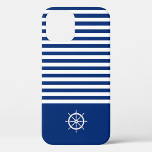 Nautical Stripes+Ships Wheel Blue+White iPhone 12 Case