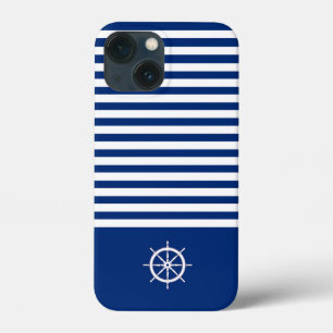 Nautical Stripes+Ships Wheel Blue+White iPhone 13 Mini Case