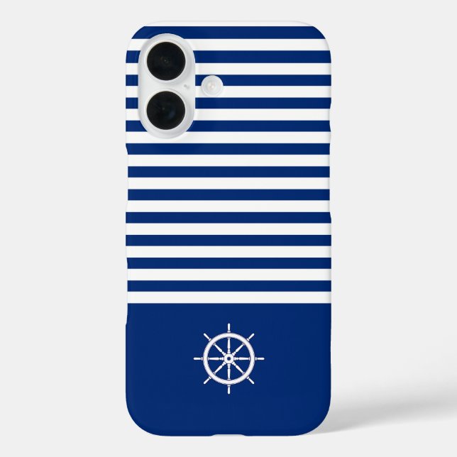 Nautical Stripes+Ships Wheel Blue+White Case-Mate iPhone Case (Back)