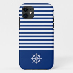 Nautical Stripes+Ships Wheel Blue+White iPhone 11 Case