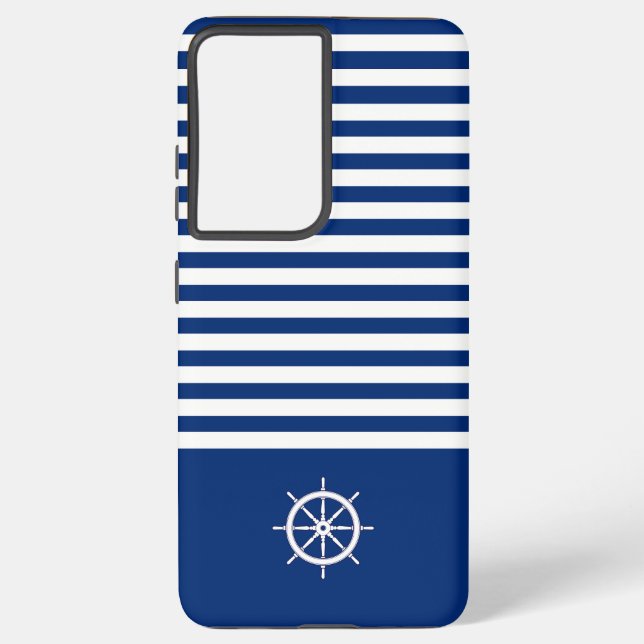 Nautical Stripes+Ships Wheel Blue+White Samsung Galaxy S21 Ultra Case (Back)