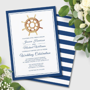 Nautical Stripes Watercolor Steering Wheel Wedding Invitation