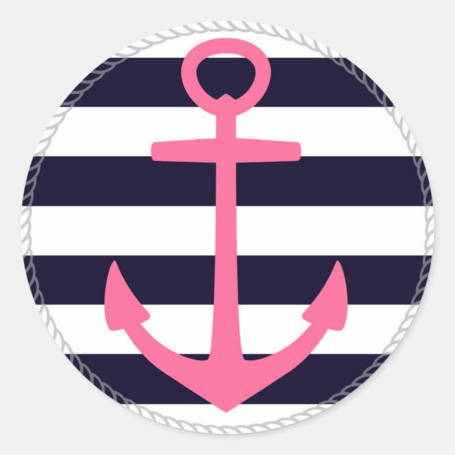 Nautical stripes with fuchsia anchor classic round sticker (Front)