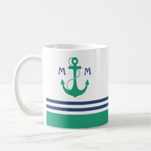 Nautical Stripes with Green Anchor Monogram Coffee Mug
