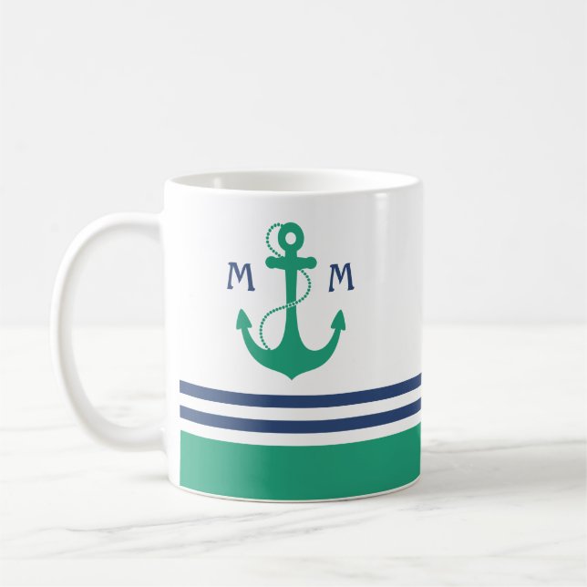 Nautical Stripes with Green Anchor Monogram Coffee Mug (Left)