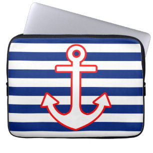 Nautical Style Anchor Icon on Stripes Laptop Sleeve