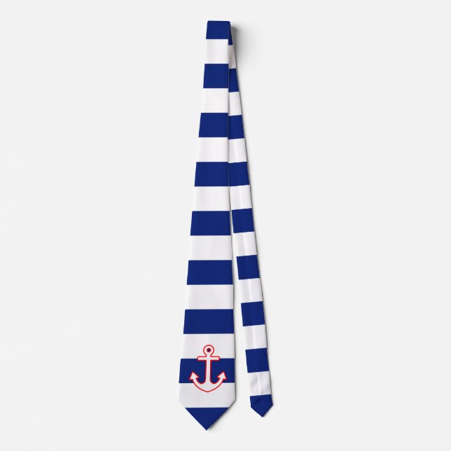 Nautical Style Anchor on Navy Blue Stripes Tie (Front)