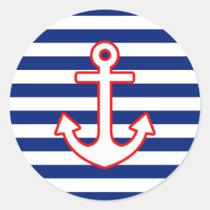 Nautical Style Anchor on Stripes Classic Round Sticker