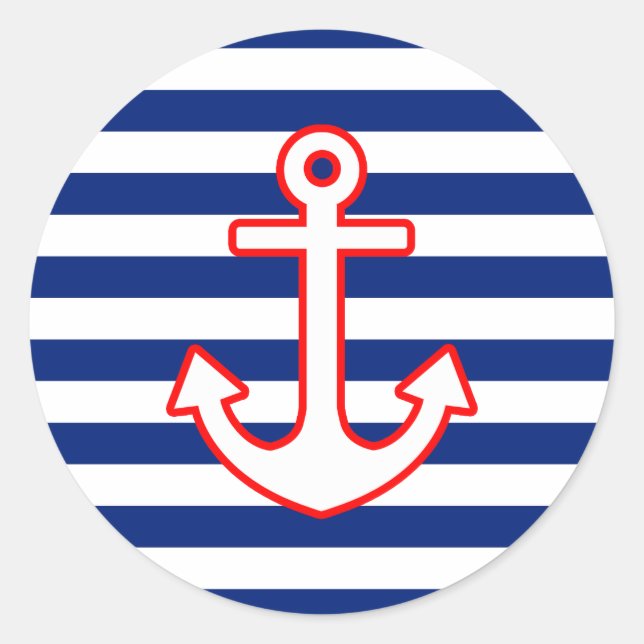 Nautical Style Anchor on Stripes Classic Round Sticker (Front)