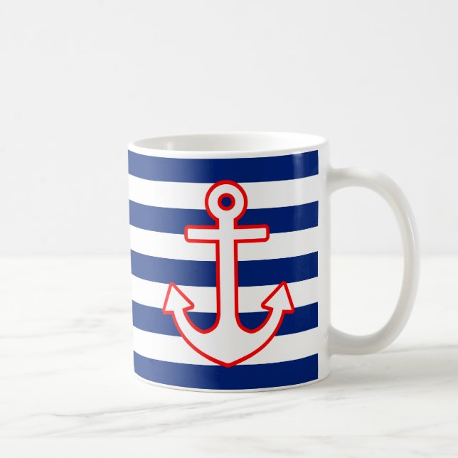 Nautical Style Anchor on Stripes Coffee Mug (Right)