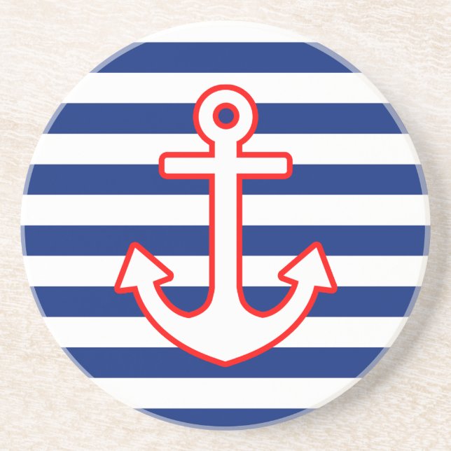 Nautical Style Anchor on Stripes Decor Coaster (Front)
