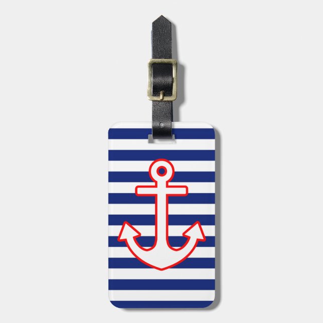 Nautical Style Anchor on Stripes Luggage Tag (Front Vertical)
