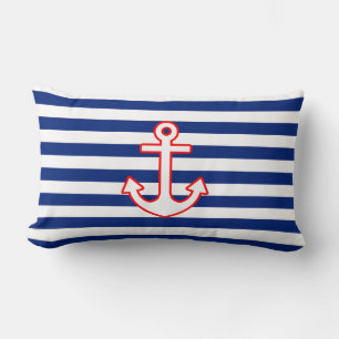 Nautical Style Anchor on Stripes Lumbar Pillow